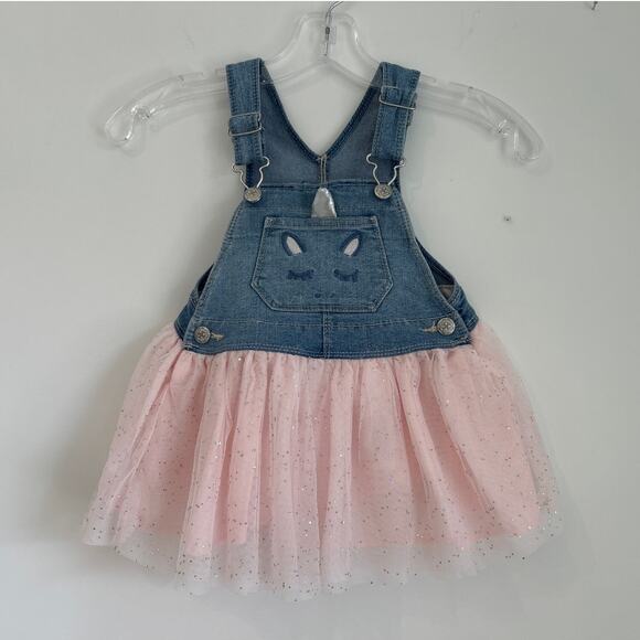 OshKosh B'gosh Denim and Glitter Pink Tulle Overall Dress, Toddler Girl Size 2T - Picture 1 of 7